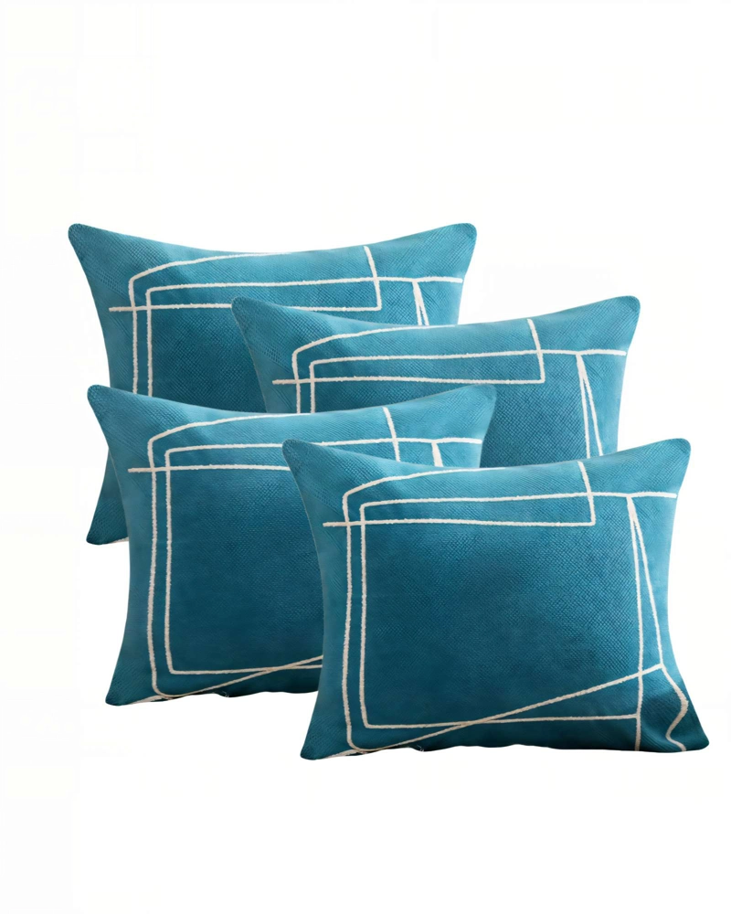 SET DE 4 FUNDAS DE COJIN 45CMX45CM  BORDADO DE LINEA COLOR AZUL - 1