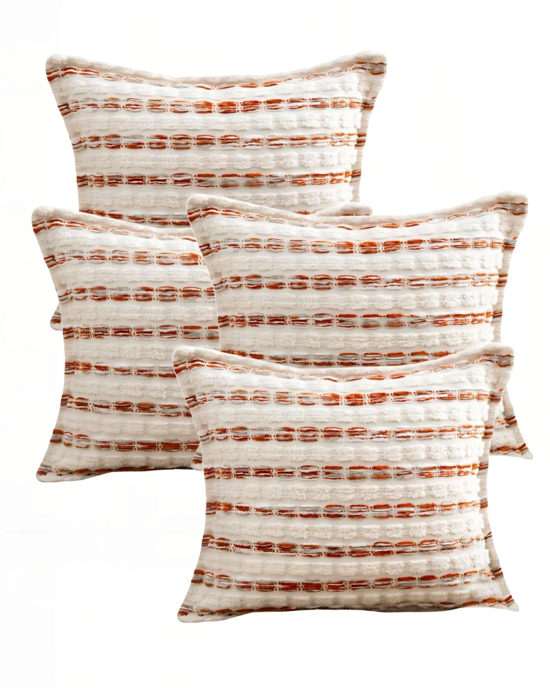 SET DE 4 FUNDAS DE COJIN 45CMX45CM  A RAYAS BEIGE CON BURDEO - 1