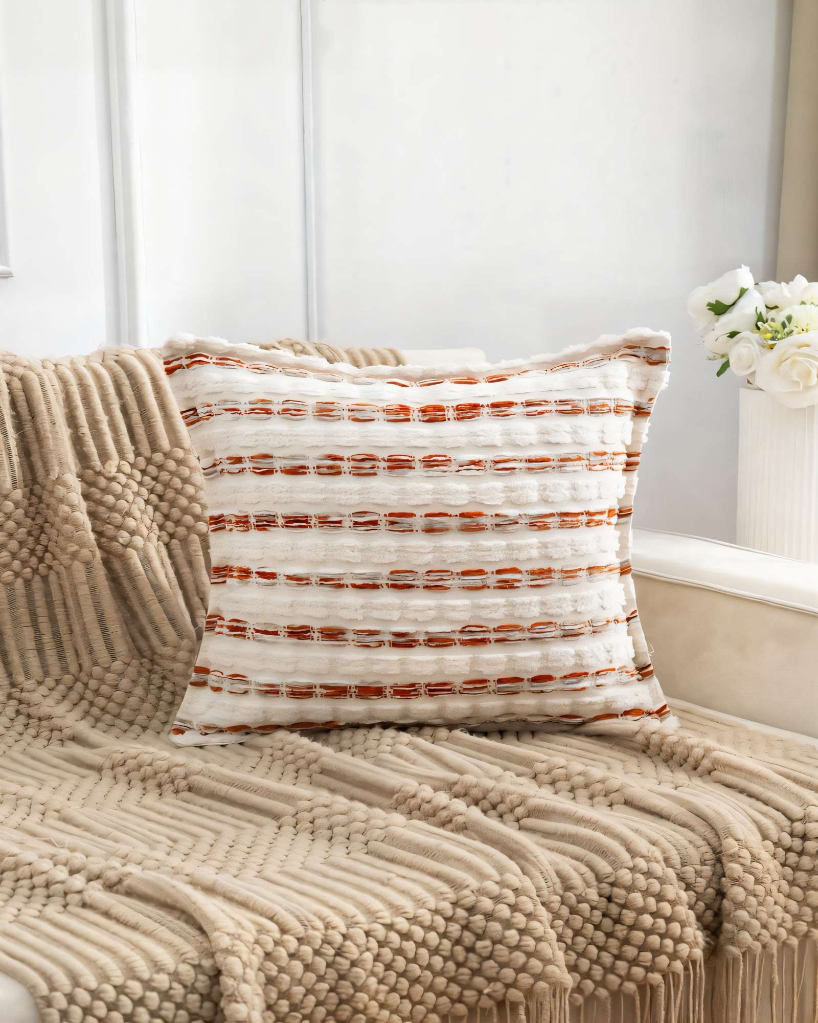 SET DE 4 FUNDAS DE COJIN 45CMX45CM  A RAYAS BEIGE CON BURDEO - 3