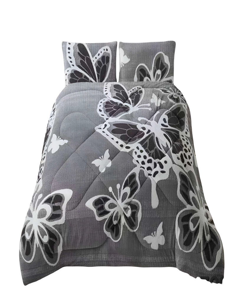 COBERTOR DE JACQUERD CON MARIPOZAS KING  COLOR GRIS - 1
