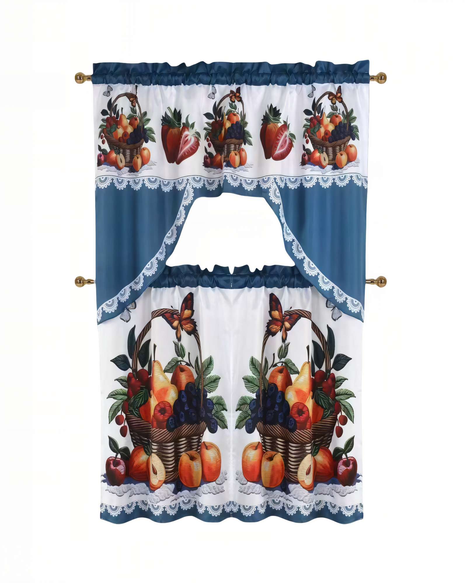 PACK DE CORTINA 3 PIEZAS PARA COCINA CON DISEÑO COLOR BLANCO CON AZUL - 1