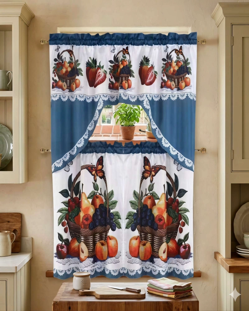 PACK DE CORTINA 3 PIEZAS PARA COCINA CON DISEÑO COLOR BLANCO CON AZUL - 4