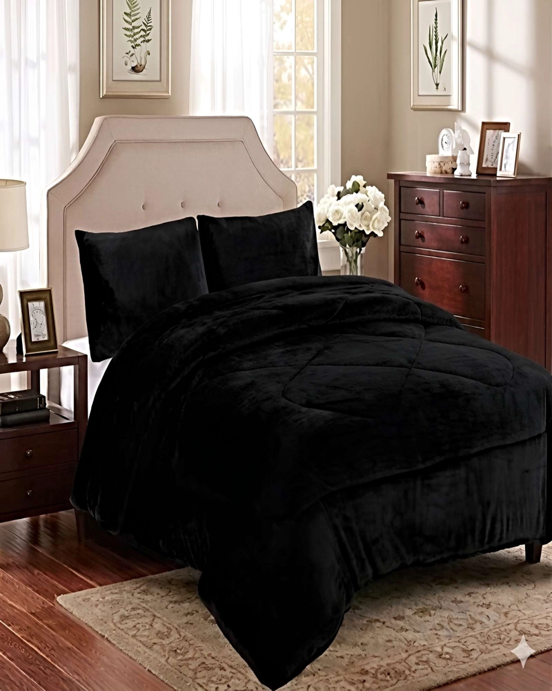 SET COBERTOR DE INVIERNO PLUSH 1.5 PLAZA 180X200CM NEGRO 1 - 4