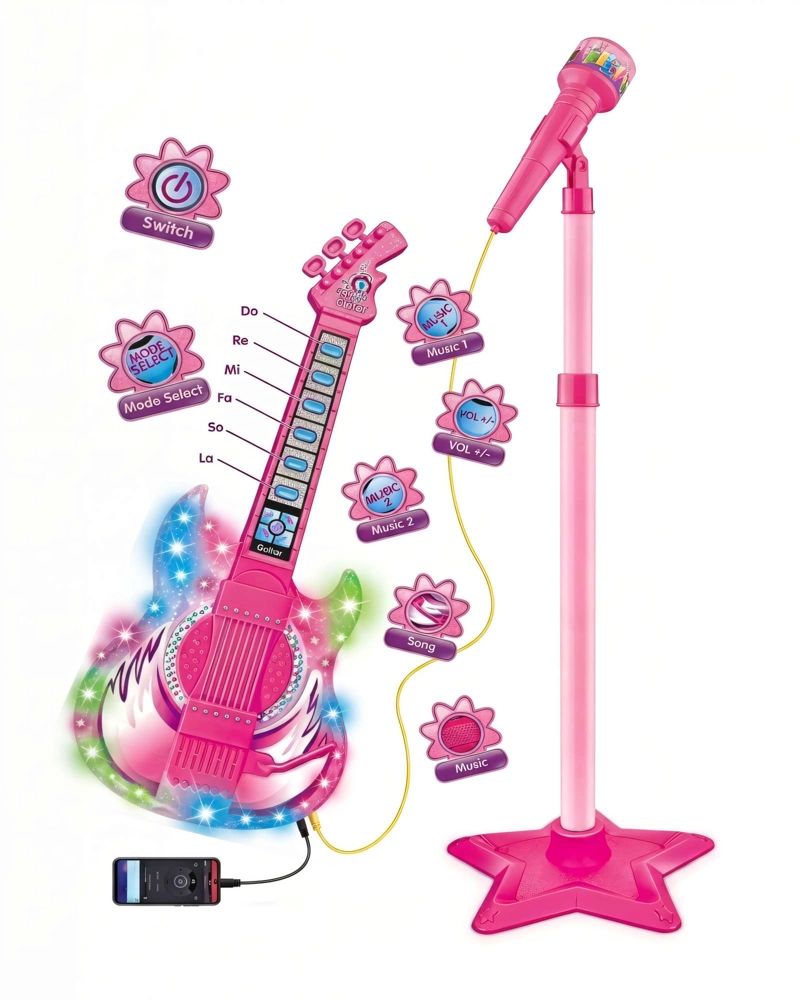 PACK DE JUGUETE GUITARRA CON MICROFONO Y PEDESTAL CON LUCES LED COLOR ROSADO - 2