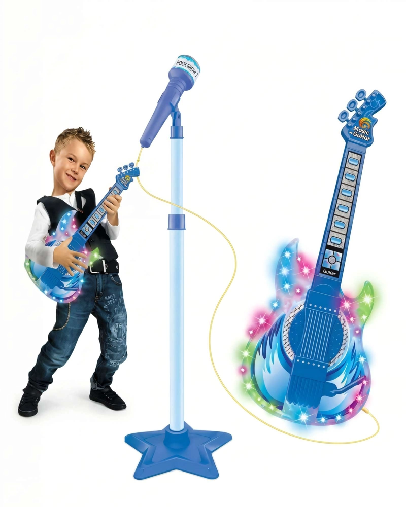 PACK DE JUGUETE GUITARRA CON MICROFONO Y PEDESTAL CON LUCES LED COLOR AZUL - 1