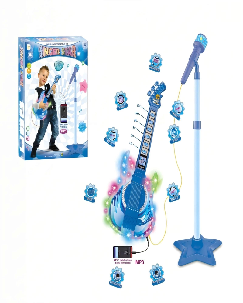 PACK DE JUGUETE GUITARRA CON MICROFONO Y PEDESTAL CON LUCES LED COLOR AZUL - 2