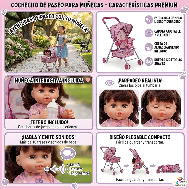 COCHE CUNA MAS MUÑECA METALICO GRANDE ROSADO - 4