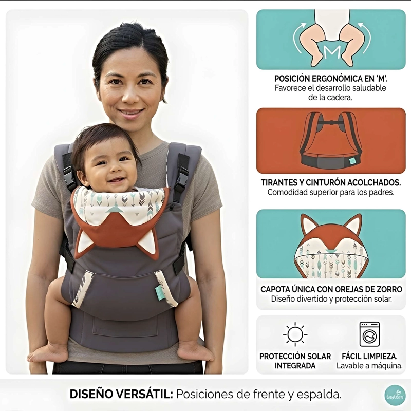 PORTABEBE S ERGONOMICO CON CAPUCHA 4 EN 1 AJUSTABLE GRIS O - 4