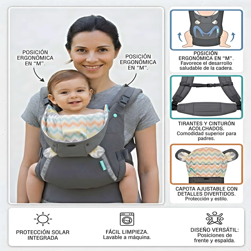 PORTABEBE S ERGONOMICO CON CAPUCHA 4 EN 1 AJUSTABLE GRIS C - 4