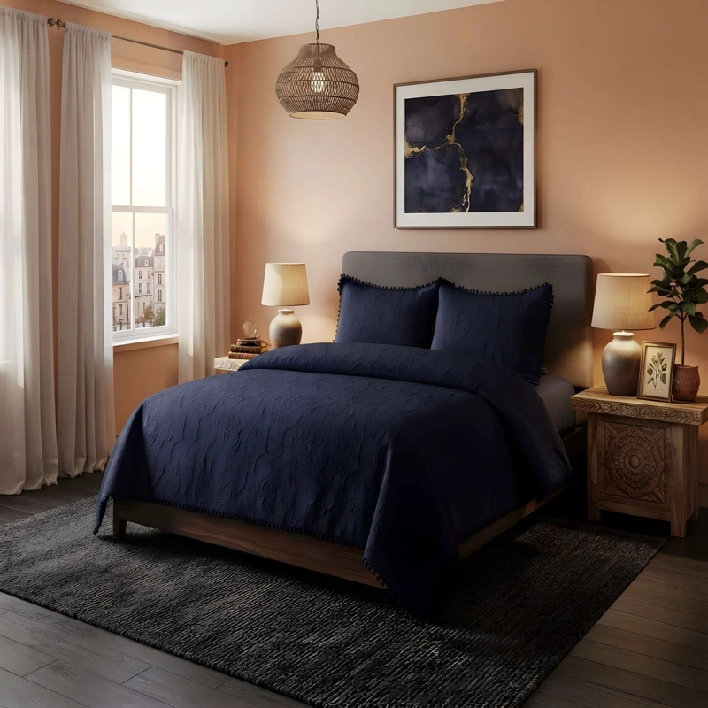 CUBRECAMA PREMIUM CON POMPONES KING COLOR NEGRO - 1