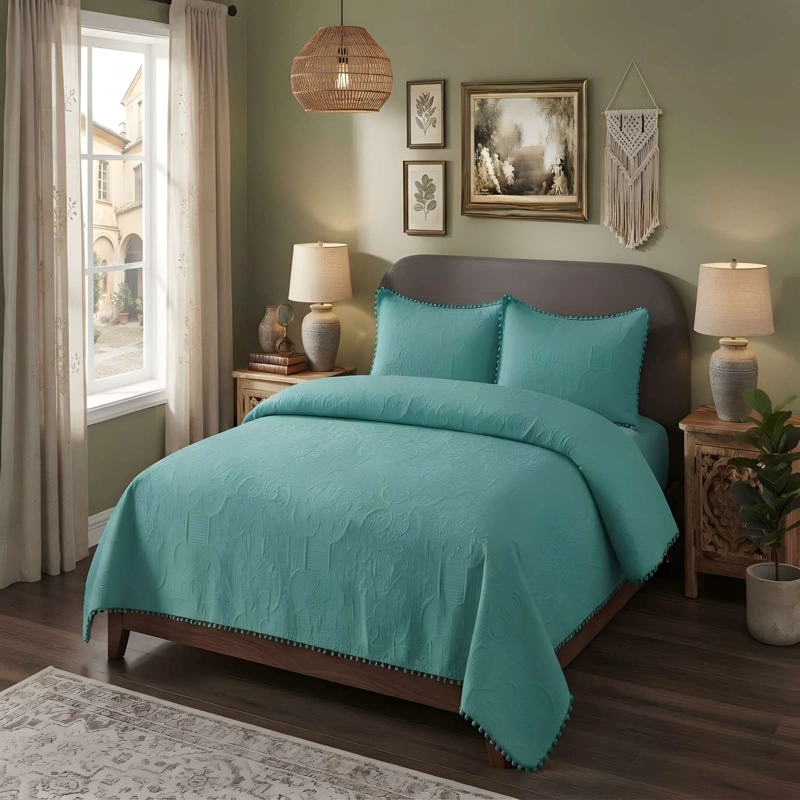 CUBRECAMA PREMIUM CON POMPONES KING COLOR TURQUESA - 1