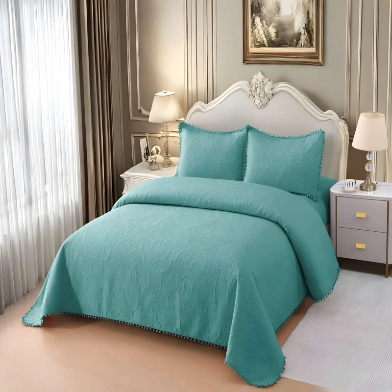 CUBRECAMA PREMIUM CON POMPONES KING COLOR TURQUESA - 2
