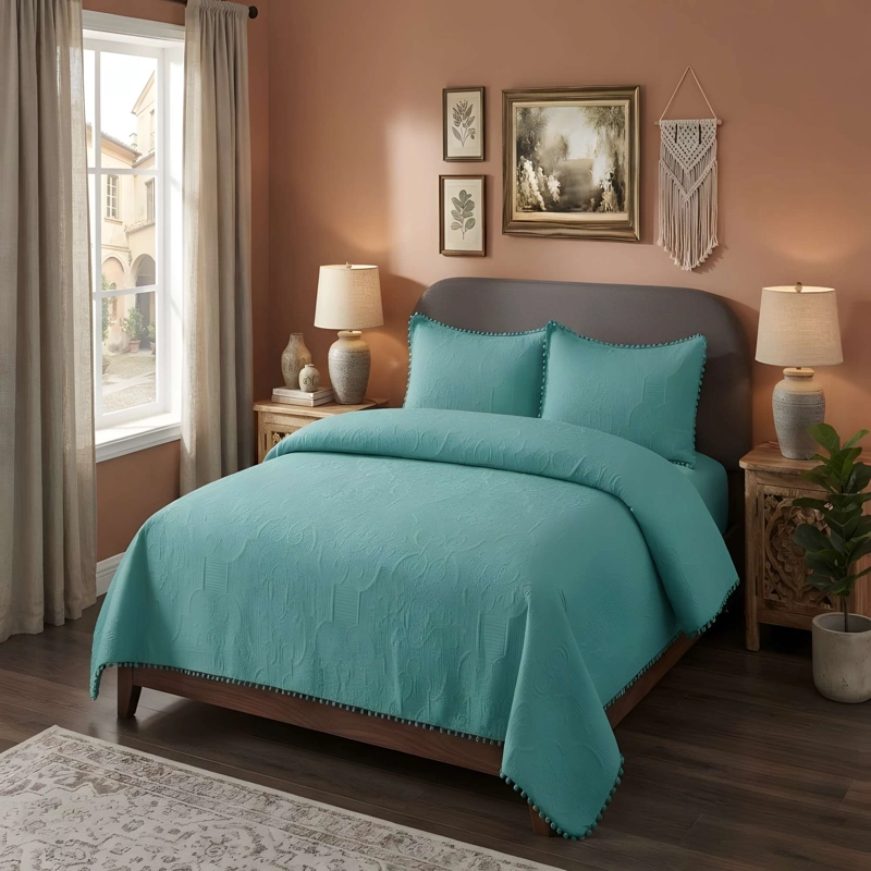 CUBRECAMA PREMIUM CON POMPONES KING COLOR TURQUESA - 3