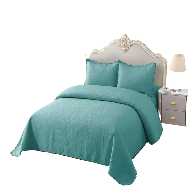 CUBRECAMA PREMIUM CON POMPONES KING COLOR TURQUESA - 4