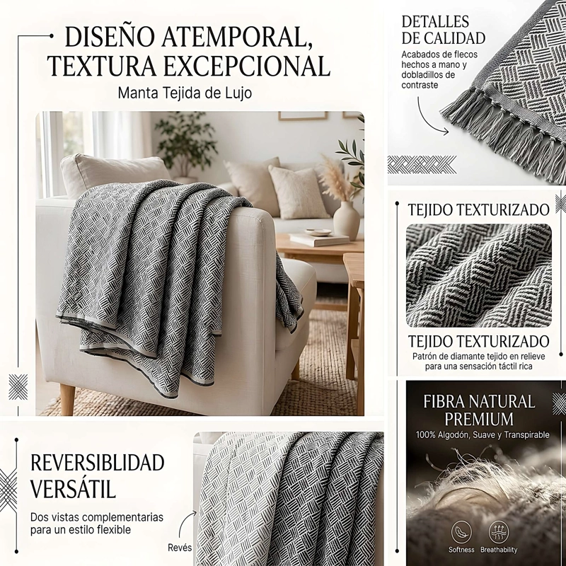 MANTA DECORATIVA TEJIDA DISEÑO GEOMETRICO 180X140 CM M01 - 4
