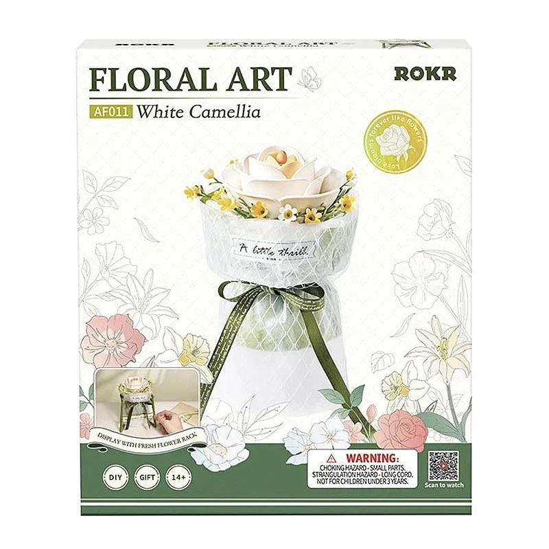 FLOR DE CAMELIA BLANCA DE MADERA - PUZZLE 3D PARA ARMAR (ROKR) - 6
