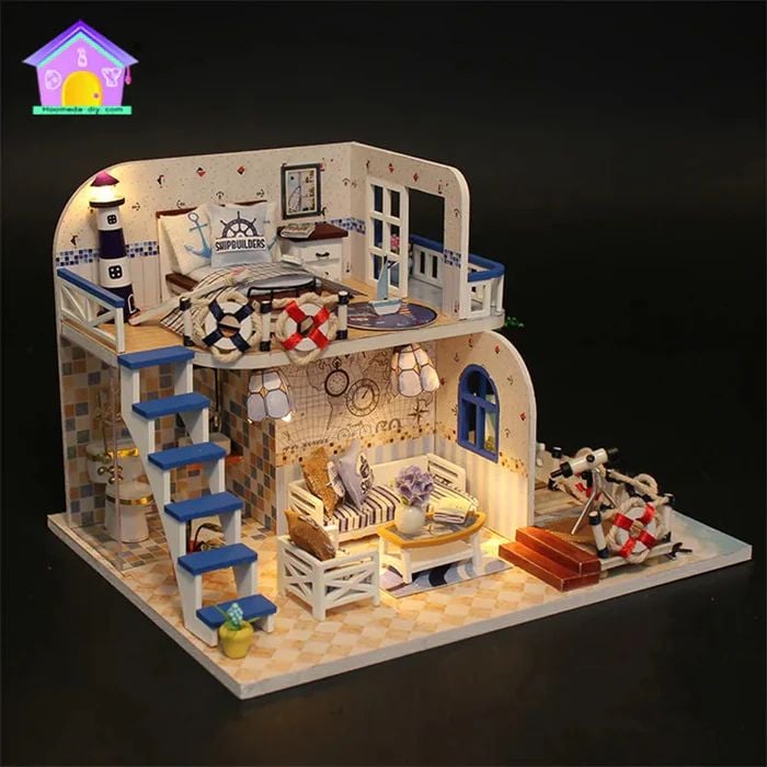 CASA MINIATURA DIY “BLUE COAST” – CABAÑA COSTERA DE MADERA CON LUCES LED M032 - 2