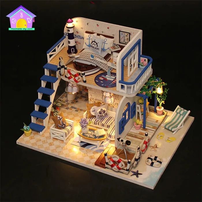 CASA MINIATURA DIY “BLUE COAST” – CABAÑA COSTERA DE MADERA CON LUCES LED M032 - 3