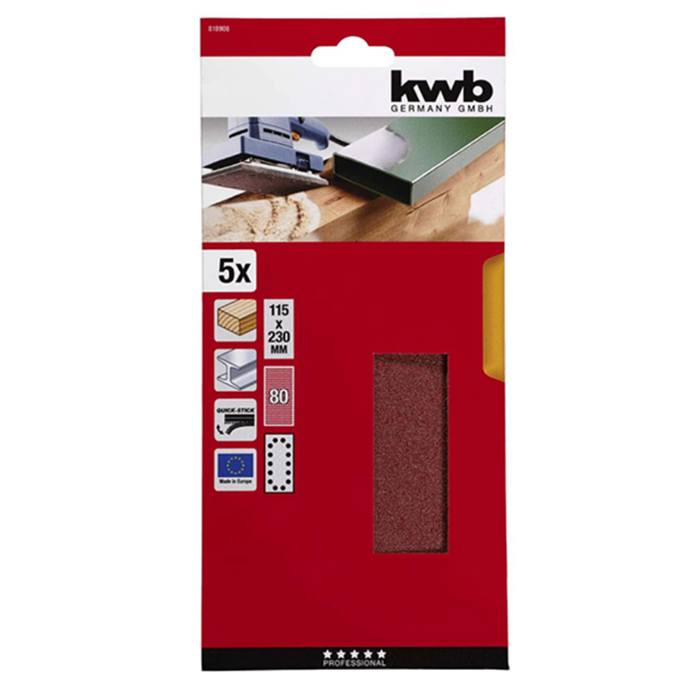 5 HOJAS DE LIJA ABRASIVAS 115X230MM GRANO 80 KWB - 1