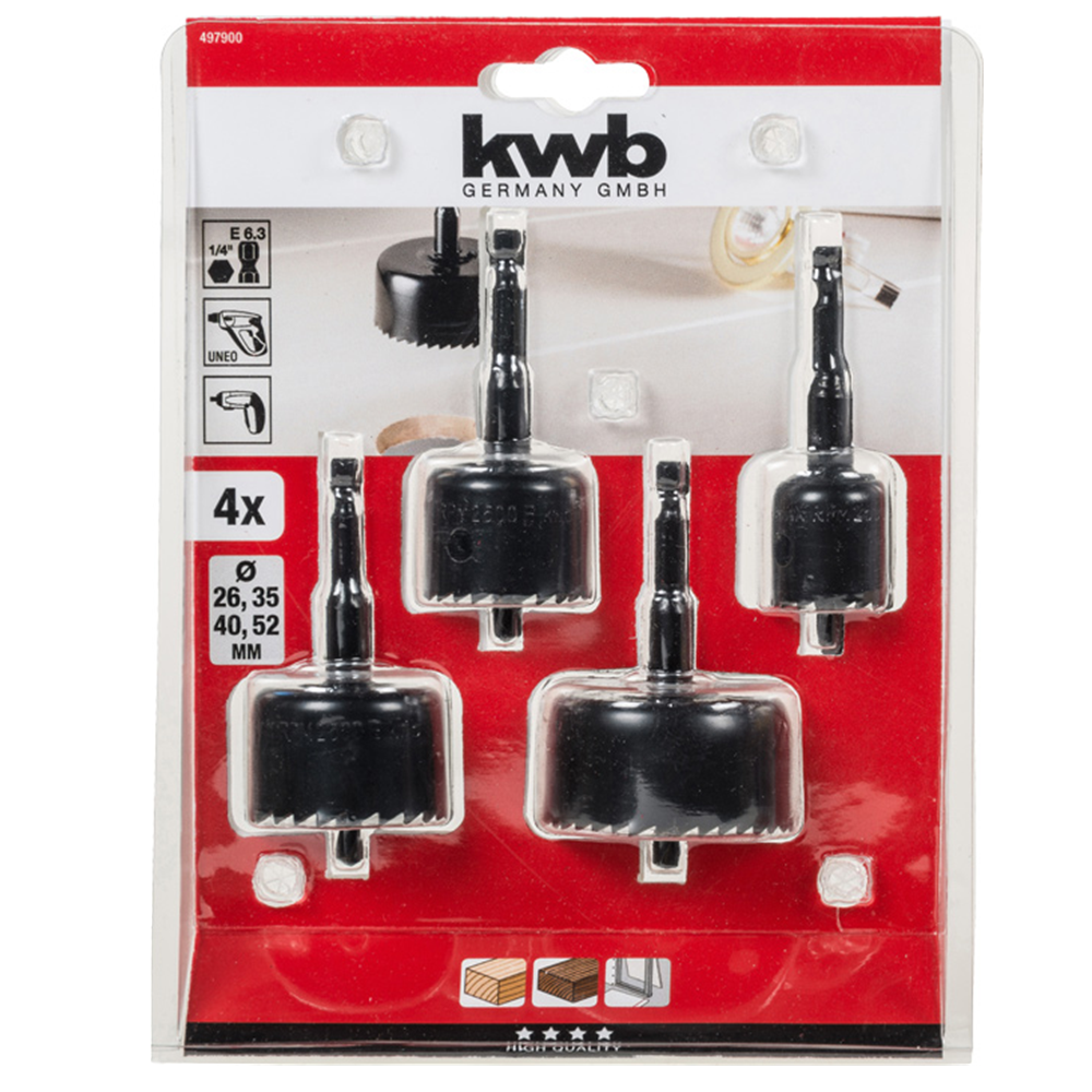 KIT JUEGO HOJA BROCA SIERRA COPA P/ MADERA 4 PCS KWB 497900 - 1