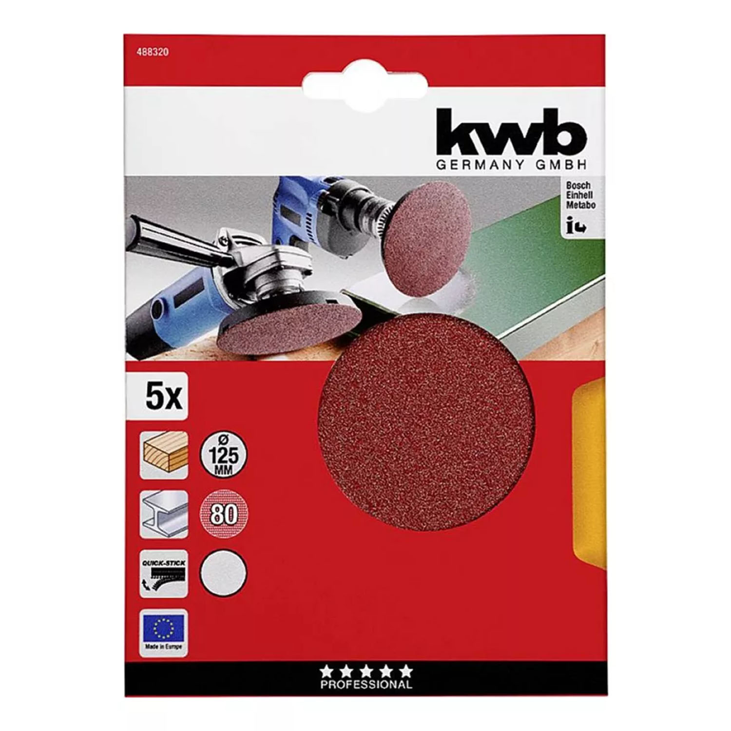 5 DISCO LIJA PARA PULIR 125MM VELCRO GRANO 80 KWB 488320 - 1