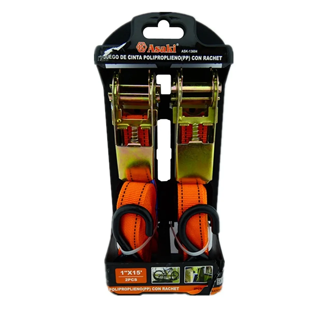 JUEGO 2 ESLINGA ASAKI CINTA AMARRE CON RATCHET 1PULGX15FT ASK13604 - 1