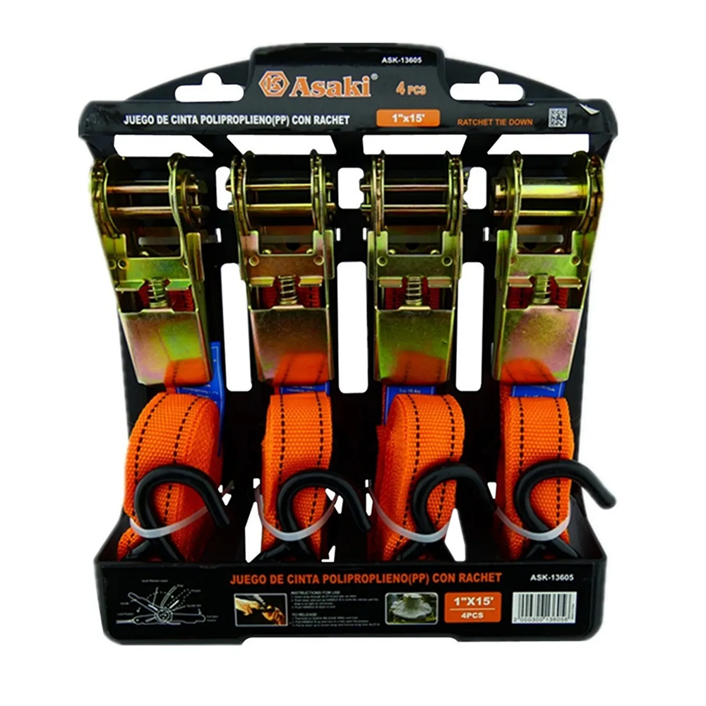 SET KIT JUEGO ESLINGA CINTA AMARRE RATCHET 4 PIEZAS ASAKI ASK13605 - 1