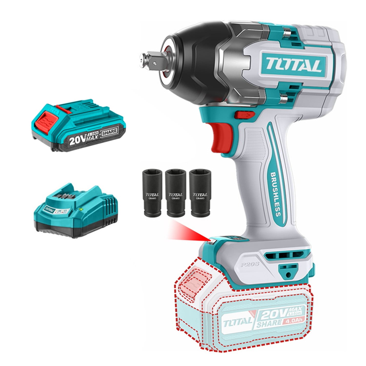 TALADRO PISTOLA LLAVE IMPACTO 20V BAT+ CARG 850NM TOTAL - 1