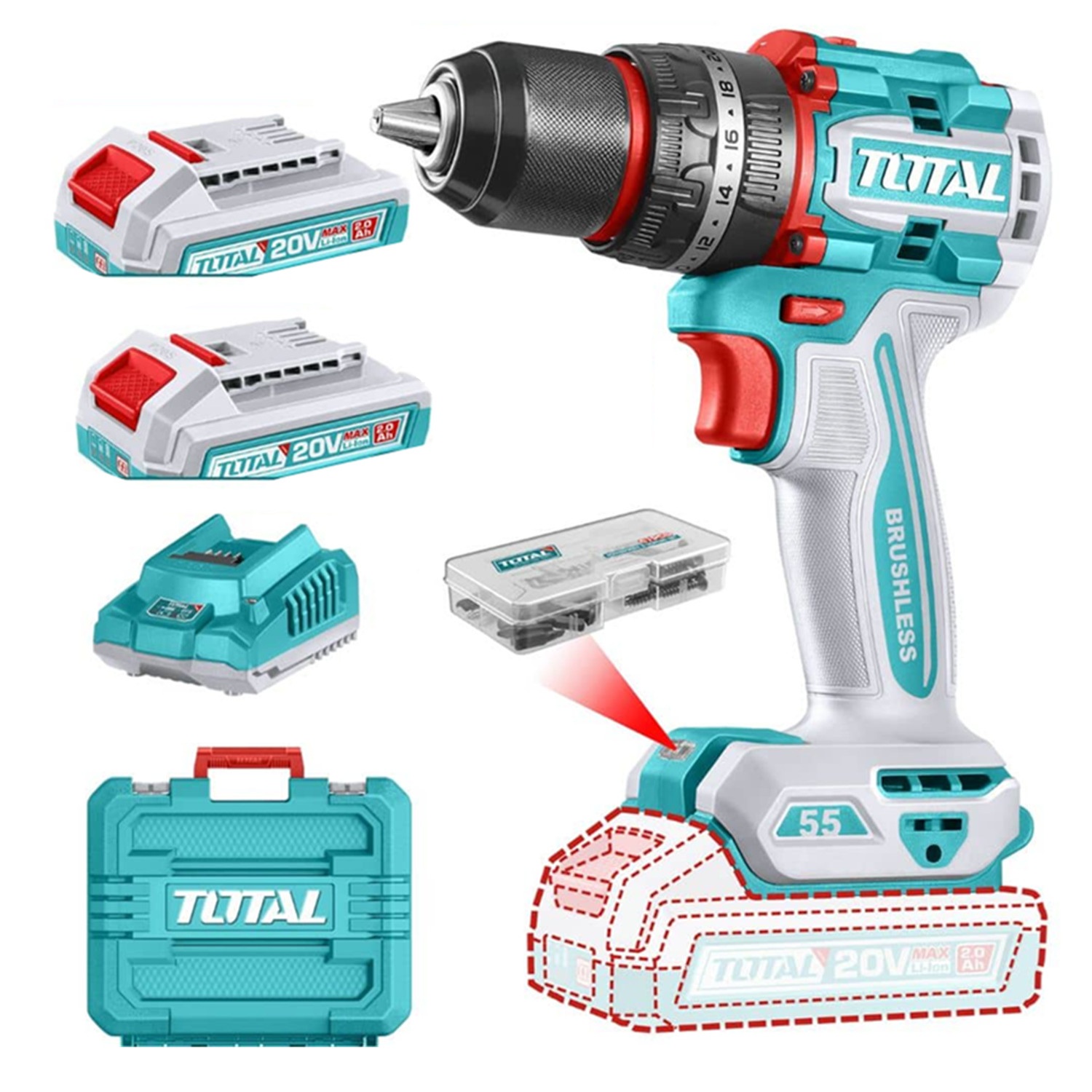 TALADRO ATORNILLADOR PERCUTOR 20V 2BAT+CARG TOTAL TIDLI20558 - 1