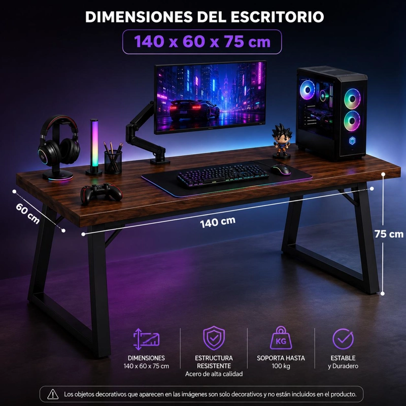 ESCRITORIO GAMER PREMIUM 140X60 CM REFORZADO TABLERO 32 MM ACERO 40X40 HOME OFFICE - 2