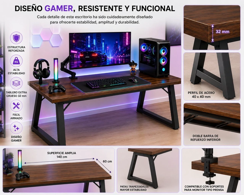 ESCRITORIO GAMER PREMIUM 140X60 CM REFORZADO TABLERO 32 MM ACERO 40X40 HOME OFFICE - 3