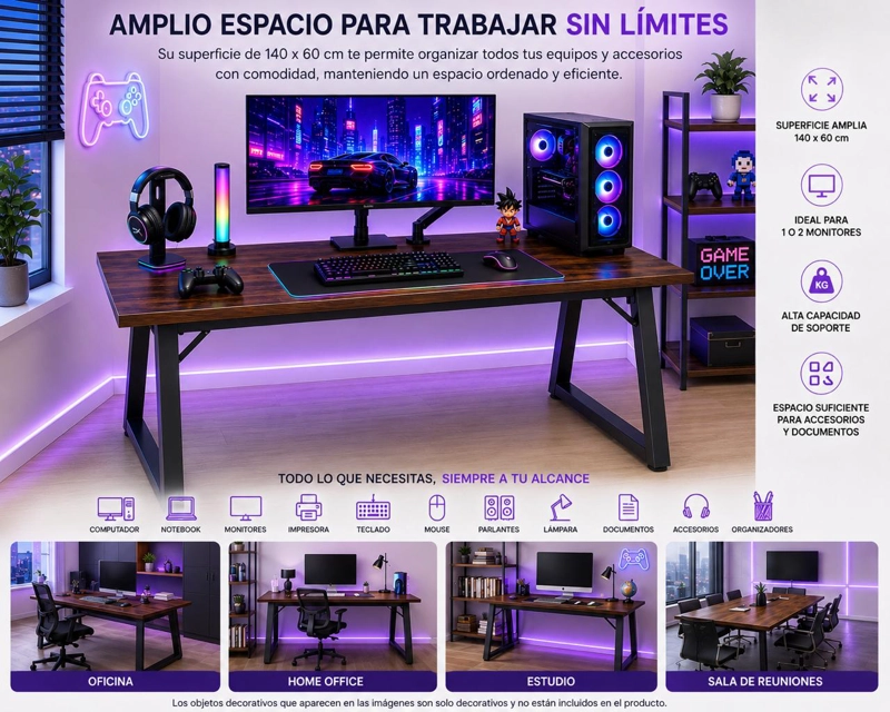 ESCRITORIO GAMER PREMIUM 140X60 CM REFORZADO TABLERO 32 MM ACERO 40X40 HOME OFFICE - 4