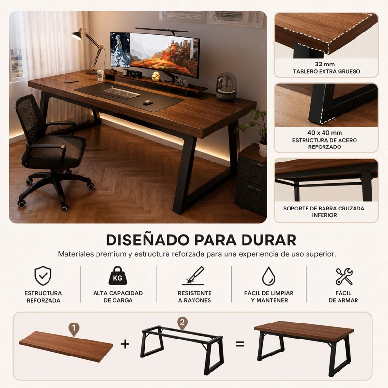 ESCRITORIO GAMER PREMIUM 140X60 CM REFORZADO TABLERO 32 MM ACERO 40X40 HOME OFFICE - 5