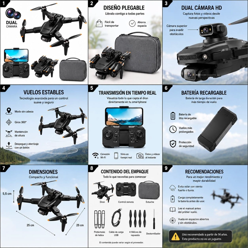 DRON PLEGABLE 4K GPS CON CAMARA DUAL, EVASION 360°, CONTROL Y BOLSO - 2