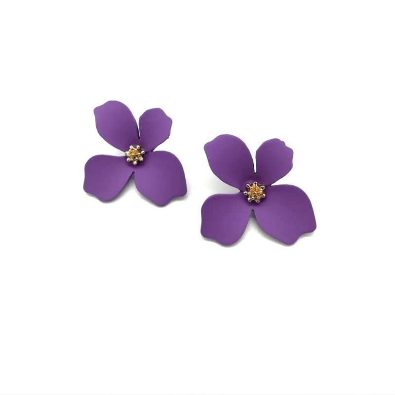 AROS PENDIENTES DISEÑO FLOR COLOR MORADO - 1
