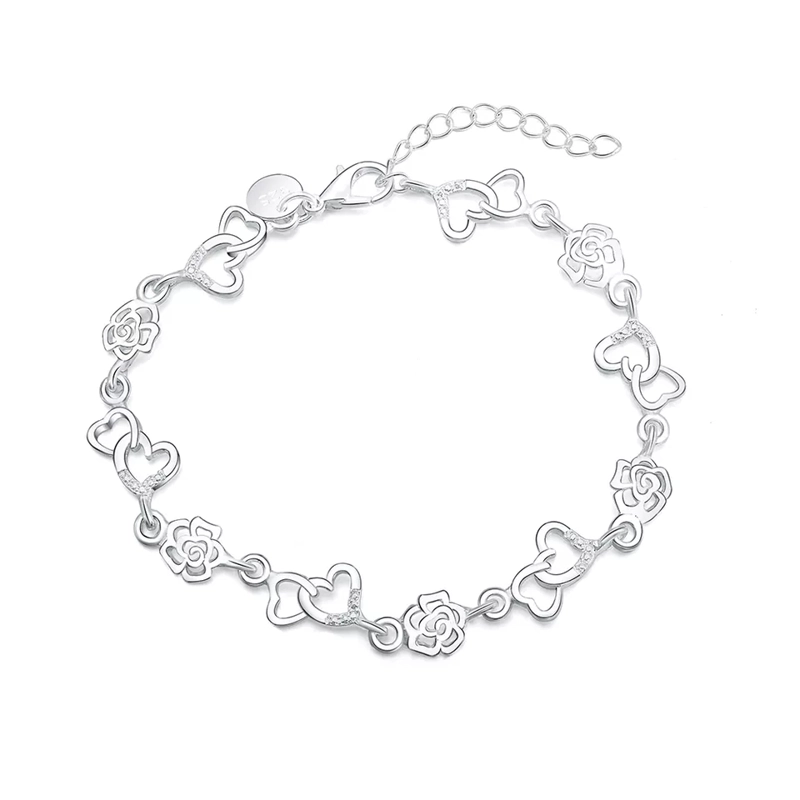 PULSERA PLATEADA CORAZONES Y FLORES - 1