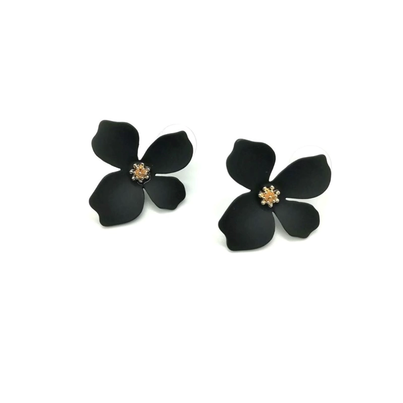 AROS PENDIENTES DISEÑO FLOR COLOR NEGRO - 1