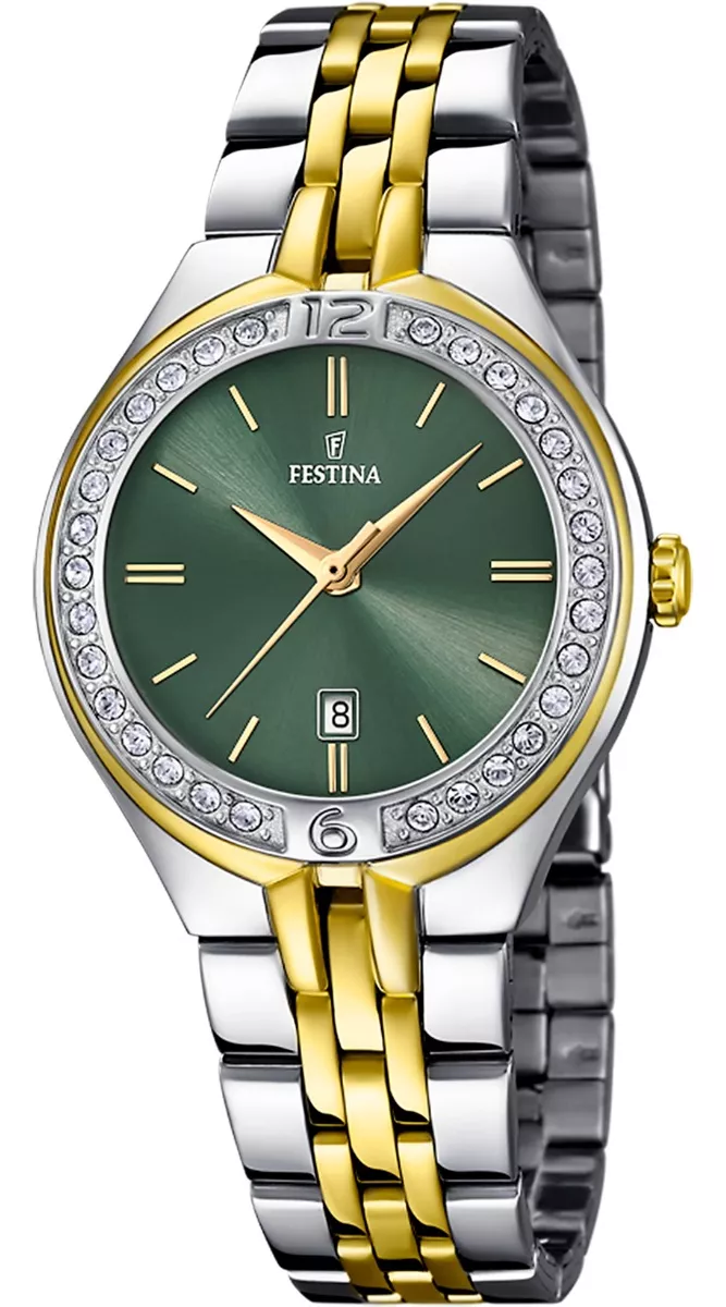 RELOJ VERDE MADEMOISELLE FESTINA MUJER CORREA BITONO FONDO PLATEADO - 1
