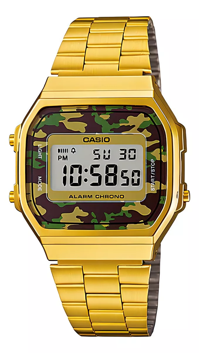 RELOJ PULSERA DIGITAL CASIO A-168WEGC-3 CON CORREA DE ACERO INOXIDABLE COLOR DORADO - FONDO GRIS/CAM - 1