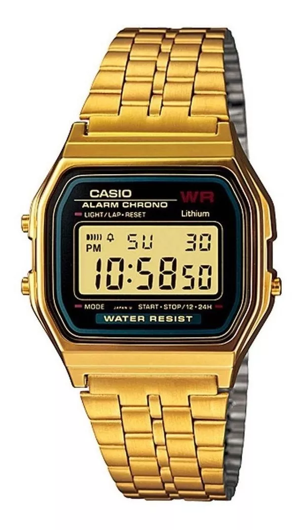 RELOJ DE PULSERA CASIO VINTAGE A-159WGEA-1 DE CUERPO COLOR DORADO, DIGITAL, FONDO NEGRO, CON CORREA - 1