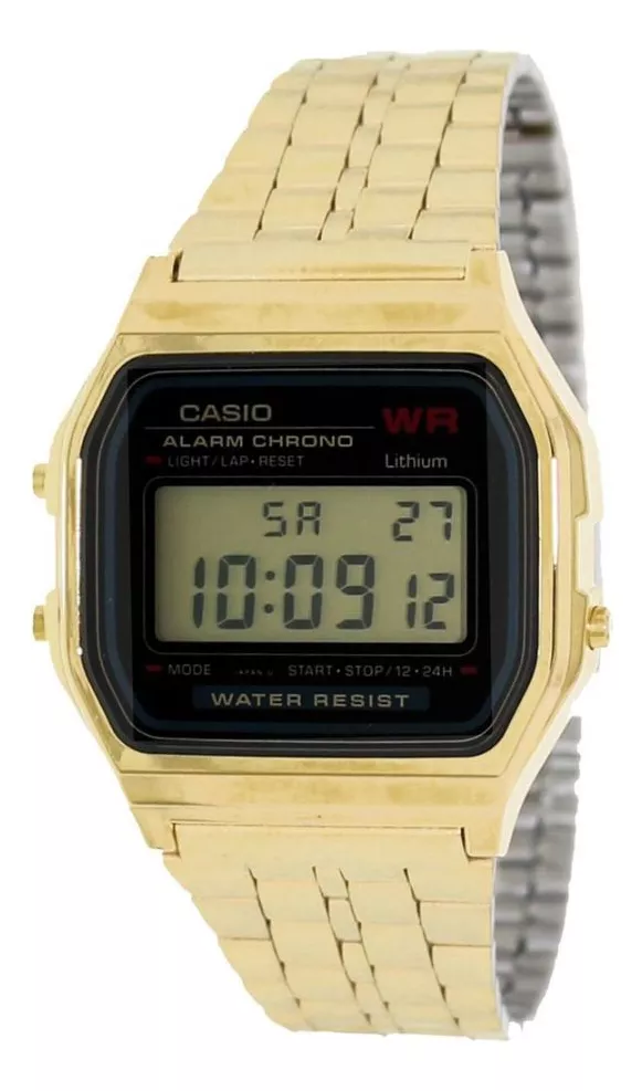 RELOJ DE PULSERA CASIO VINTAGE A-159WGEA-1 DE CUERPO COLOR DORADO, DIGITAL, FONDO NEGRO, CON CORREA - 5
