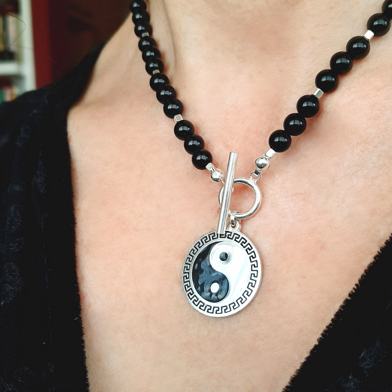 COLLAR DE ONIX NATURAL CON COLGANTE DE PLATA PARA MUJER - 3