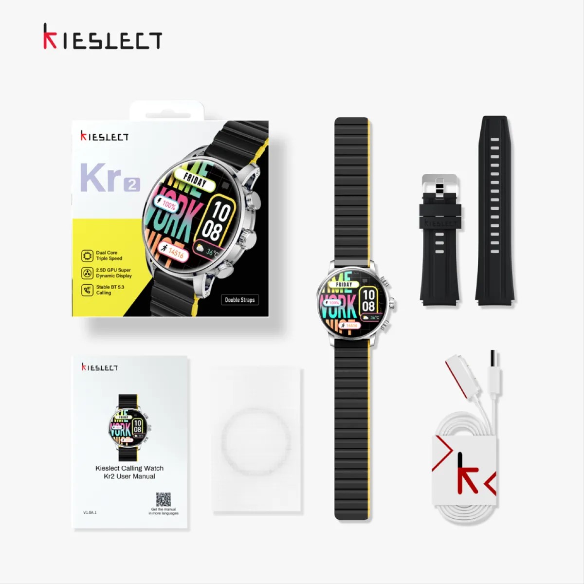 SMARTWATCH KR2 KIESLECT PLATEADO LLAMADAS Y 2 CORREAS - 6