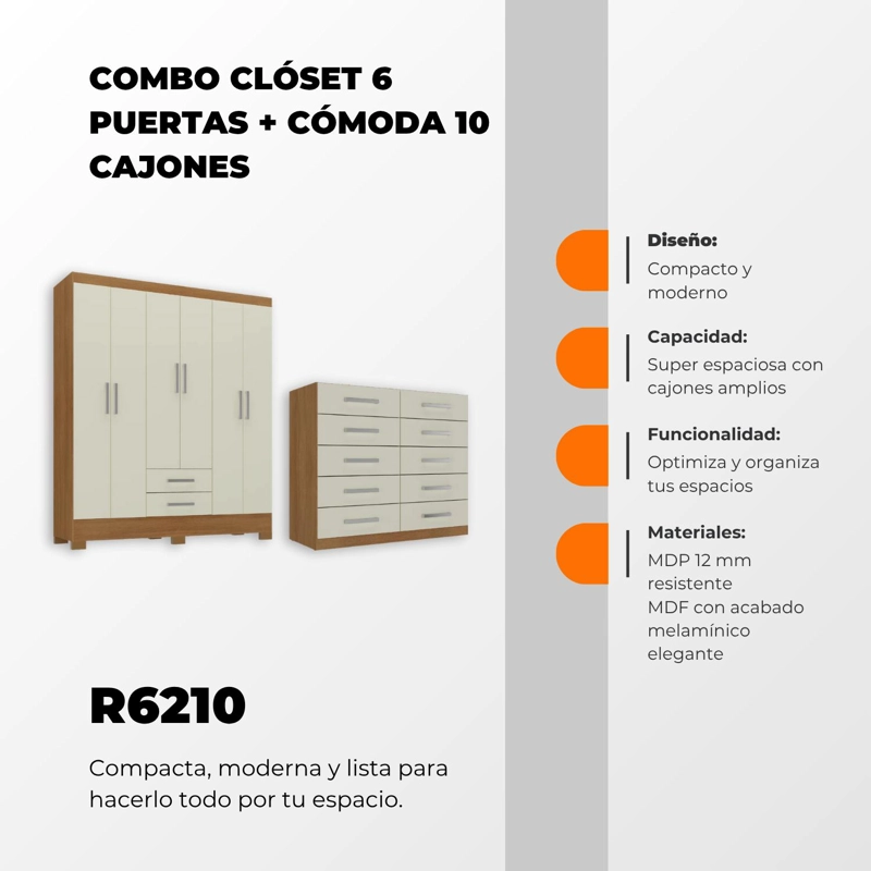 COMBO CLOSET 6 PUERTAS + COMODA 10 CAJONES OFF WHITE R6210 - 4