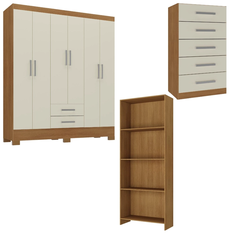 COMBO CLOSET 6 PUERTAS + COMODA 5 CAJONES OFF WHITE + LIBRERO R620516 - 1