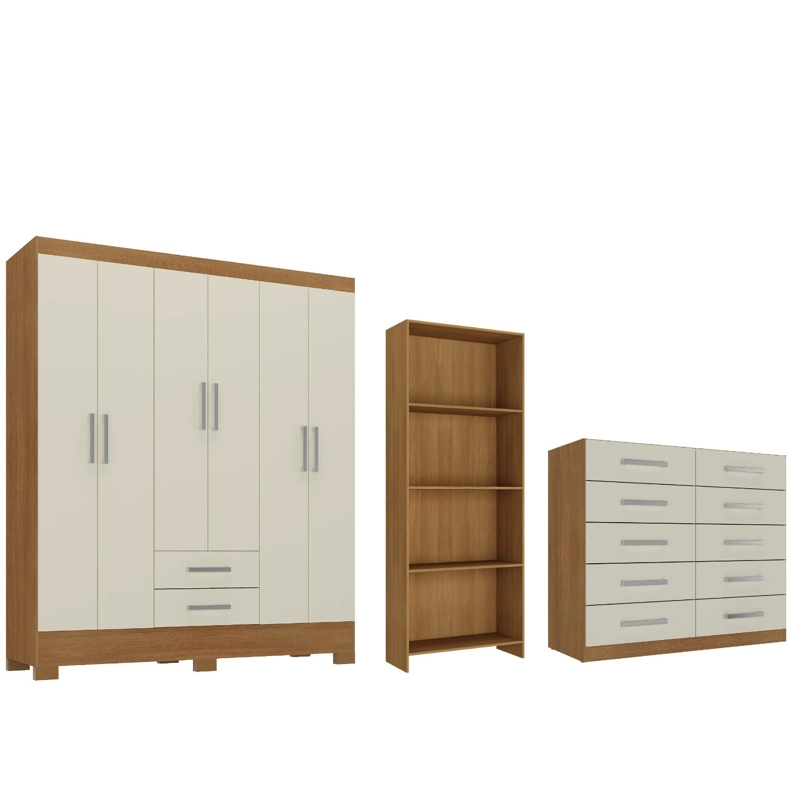 COMBO CLOSET 6 PUERTAS + COMODA 10 CAJONES OFF WHITE + LIBRERO COLOR NATURAL R101662 - 1