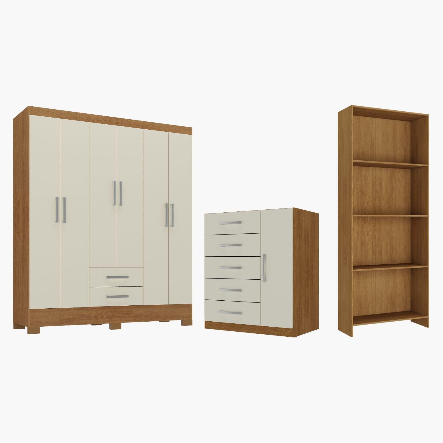 COMBO CLOSET 6 PUERTAS + COMODA 5 CAJONES 1 PUERTA + LIBRERO OFF WHITE R625116 - 1