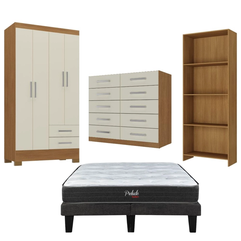 COMBO CAMA EUROPEA PRELUDE 2 PLAZAS + CLOSET 4 PUERTAS + COMODA 10 CAJONES + LIBRERO OFF WHITE CEP20 - 1