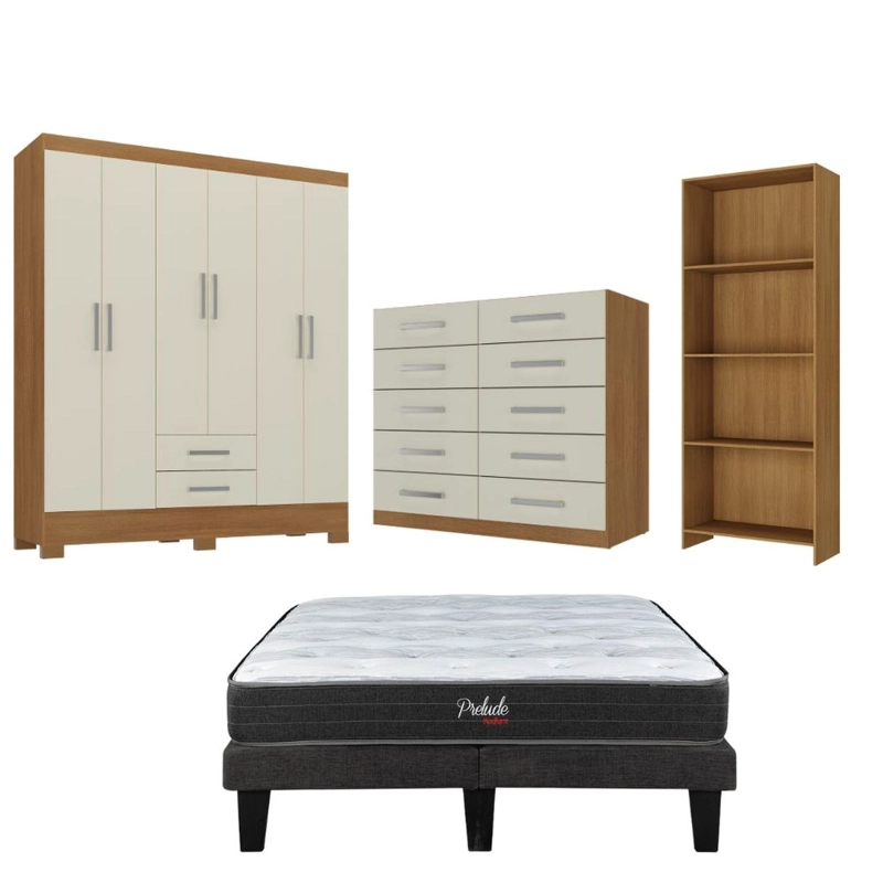 COMBO CAMA EUROPEA PRELUDE 2 PLAZAS + CLOSET 6 PUERTAS + COMODA 10 CAJONES + LIBRERO OFF WHITE CEP20 - 1