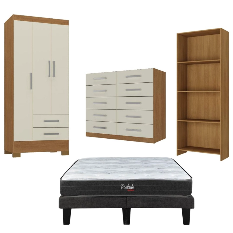 COMBO CAMA EUROPEA PRELUDE 2 PLAZAS + CLOSET 3 PUERTAS + COMODA 10 CAJONES + LIBRERO OFF WHITE CEP20 - 1